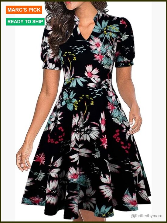 Dresses & Skirts - V-Neck Puff Sleeve Fit and Flare Dress with Pockets, Semi-Formal Midi Length